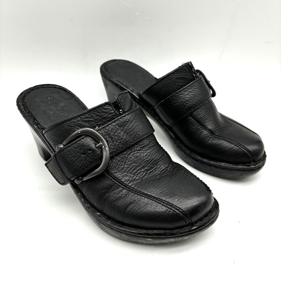 BOC Born On Concept Black Leather Gunmetal Buckle Block Heel Platform Clogs 7 - Picture 3 of 16